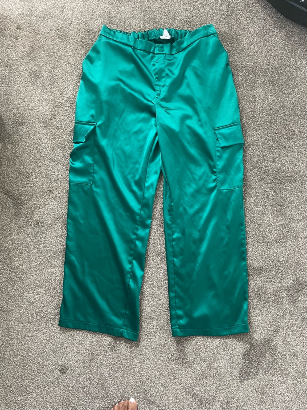 Teal Satin-Look Straight Pants